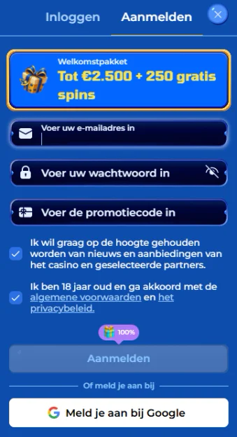 Registratieformulier van Royal Spinia met e-mailadres, wachtwoord en een weergegeven welkomstbonus