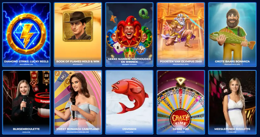 Spellenaanbod van Royal Spinia met videoslots, jackpotspellen en live casinospellen