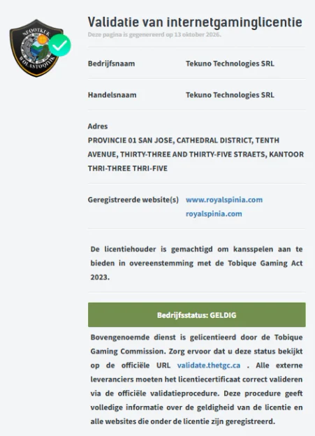 Validatie van de Tobique-casinolicentie van Royal Spinia met bedrijfsgegevens en geldige licentiestatus